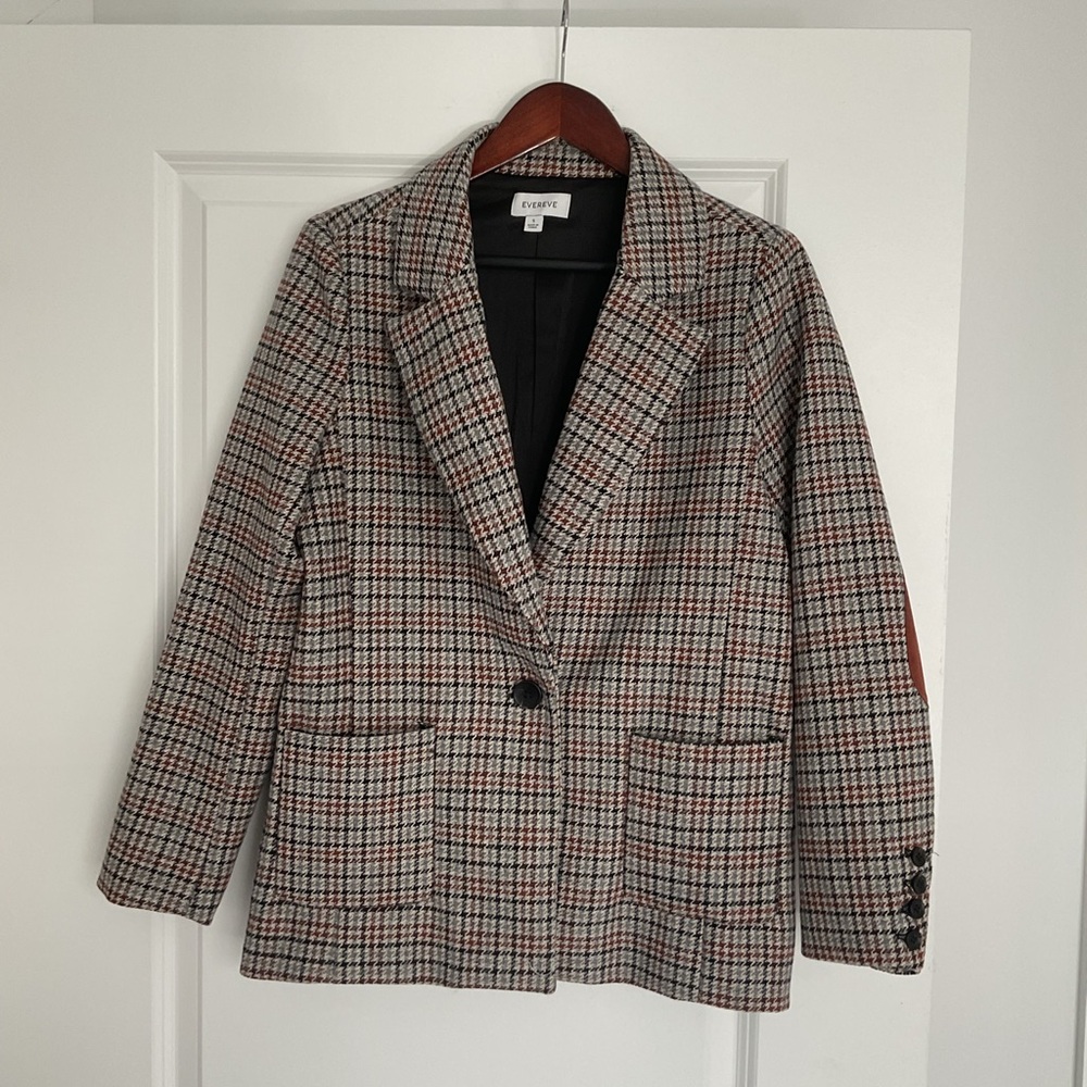Evereve wool blend plaid Bowden small sued elbow blazer - Picture 2 of 16
